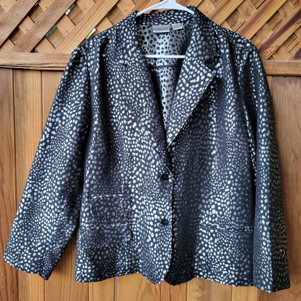 Chico's Jacket Blazer Sz 2 Silk Blend Black Silver 12-14 Animal Print
